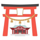 An illustration of a torii gate and the exterior of a shrine.